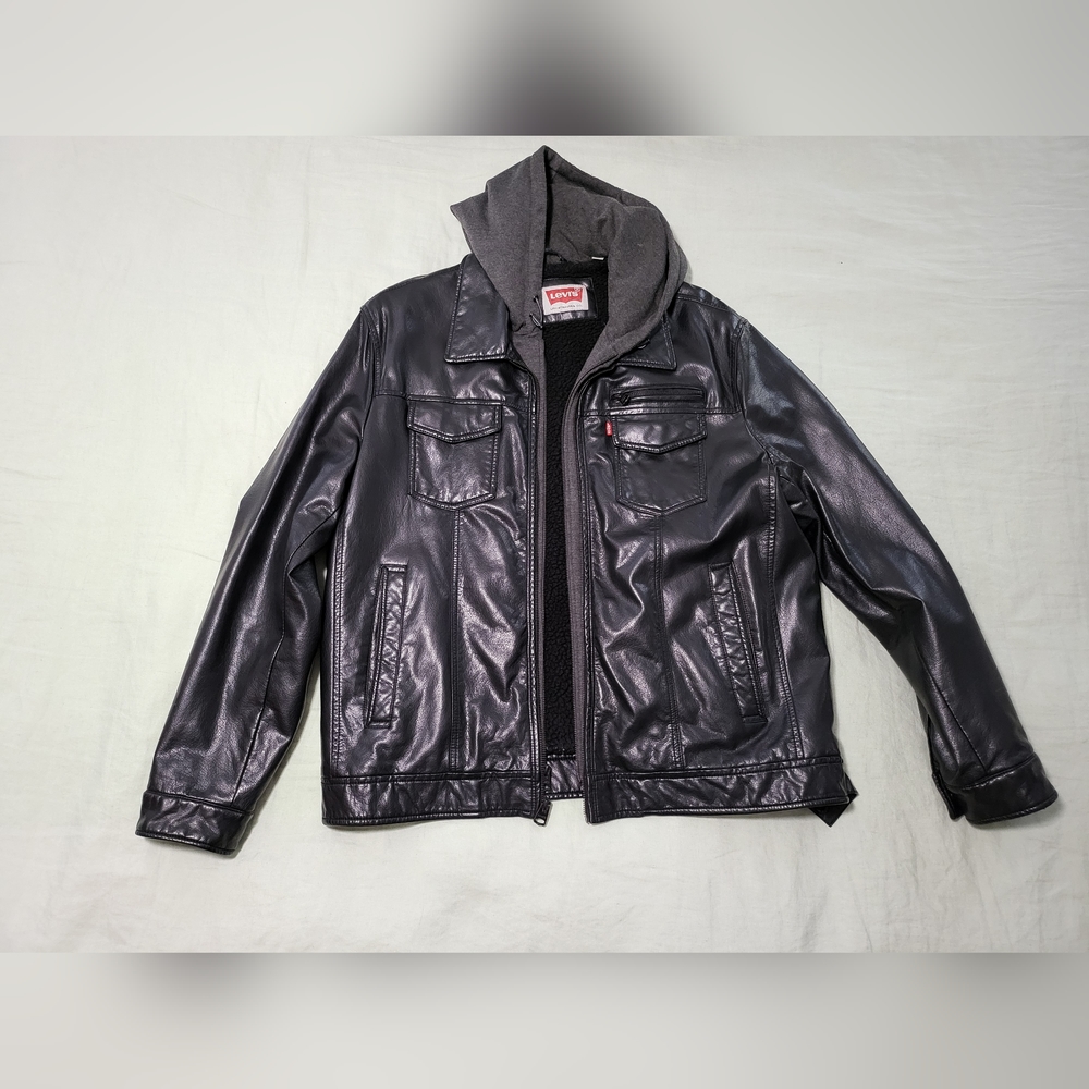 Levi's Dark Black Faux Leather and Shearling Mens XL Heavy Coat